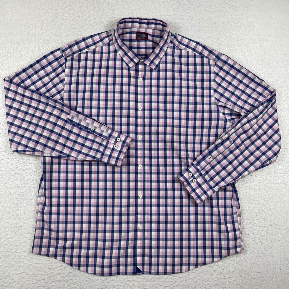 UNTUCKit Adriano Button Down Mens 3XL Pink‎ Navy Gingham Wrinkle Free Shirt